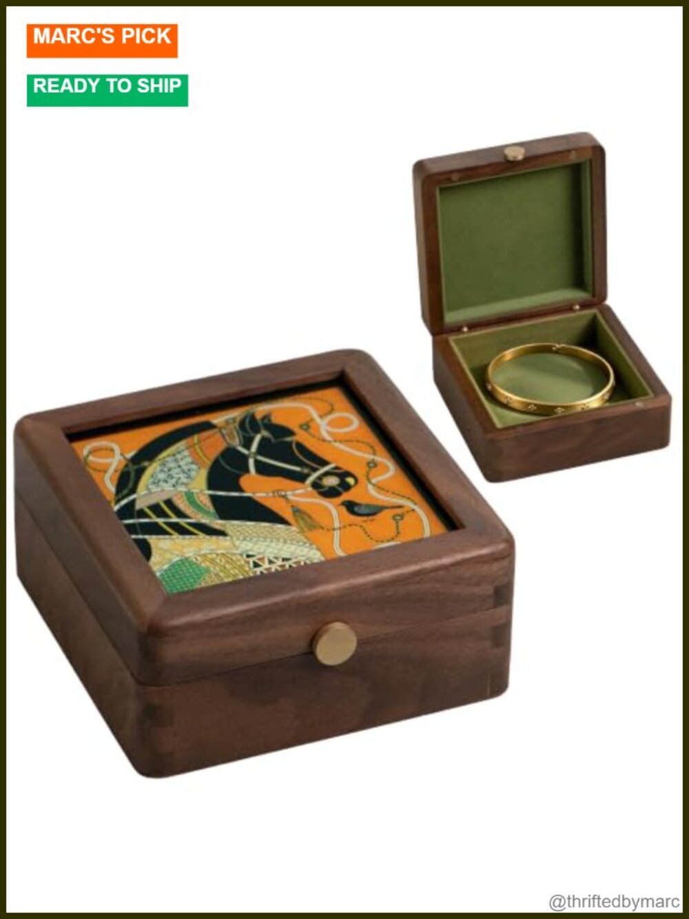 Wooden Jewelry Box with Velvet Lining and Glass Lid Horse Design